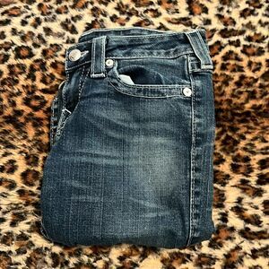 Y2K True Religion Becky Blue Factory Distressed Denim Flare Jeans Festival